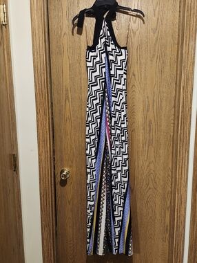 Black & White Zigzag Halter Maxi Dress with Multicolor Stripes